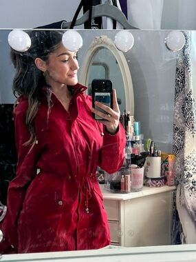 NWT Polydeer Red Hooded Rain Jacket Plaid Lined Cinched Waist Coat XS